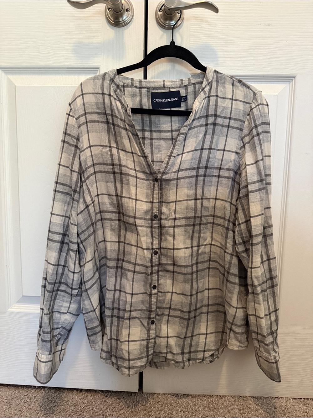 Calvin Klein Jeans White and Gray Plaid Button-Down Shirt